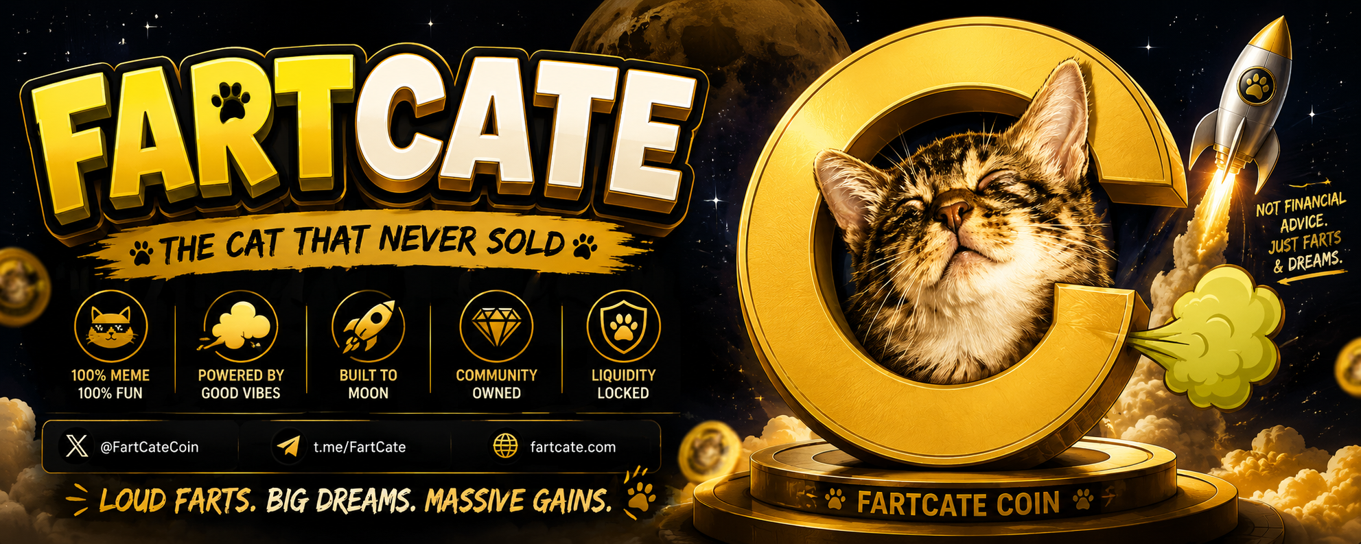 FARTCATE banner: gold coin, rocket and green fart cloud in space